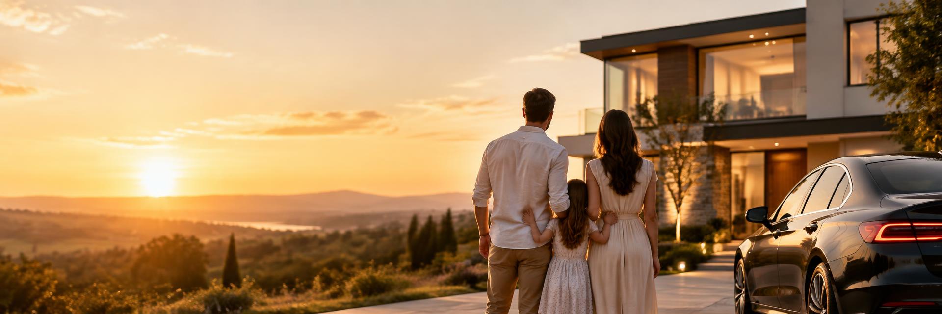 Famille devant sa maison et sa voiture au coucher du soleil