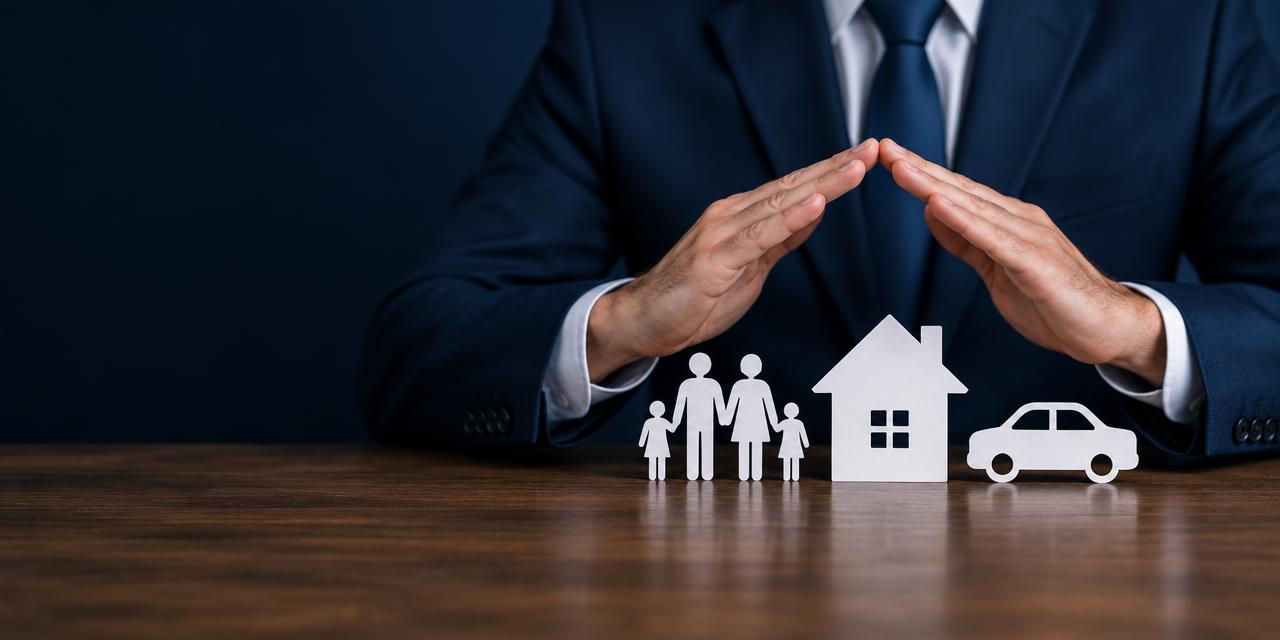 Mains protégeant une famille, une maison et une voiture